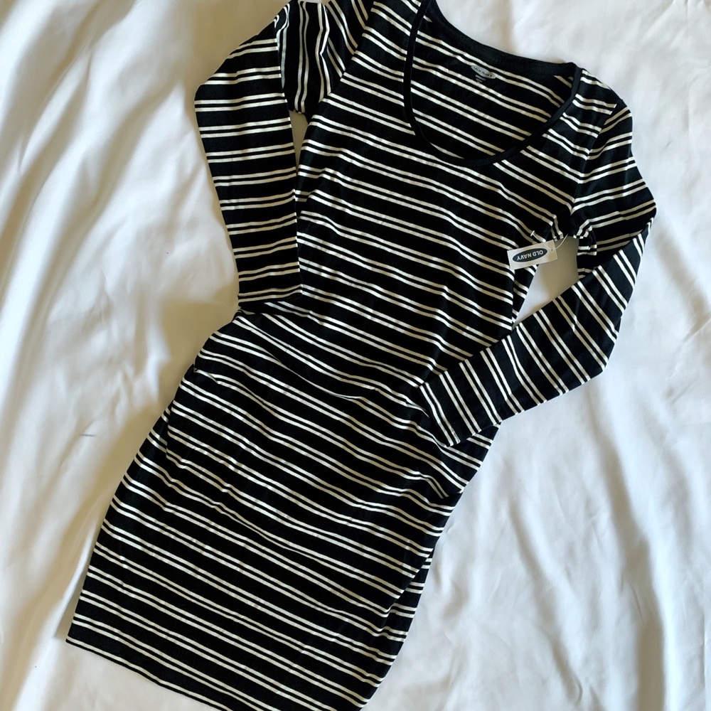 Old Navy Maternity Fitted Black & White Striped Midi Dress Long Sleeve Size XS